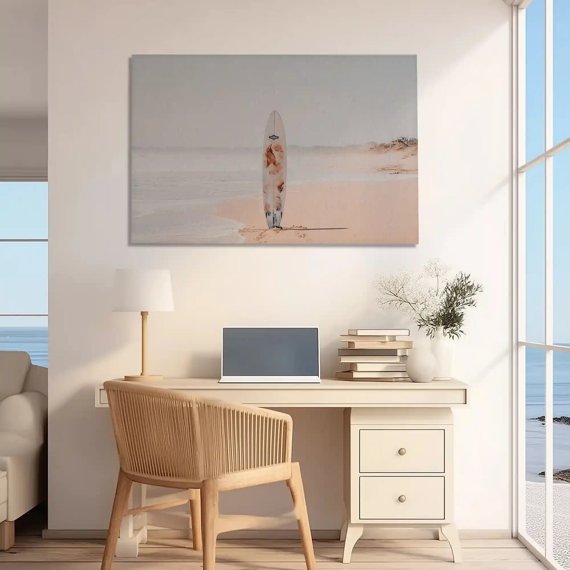Rustic shoreline canvas print adding surf-inspired charm to home office