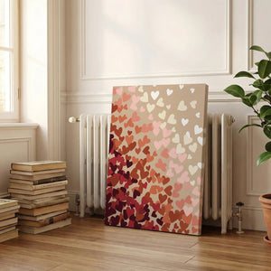 Canvas wall art print with a minimalist pop art style, blending bold heart shapes and warm hues in a diagonal layout