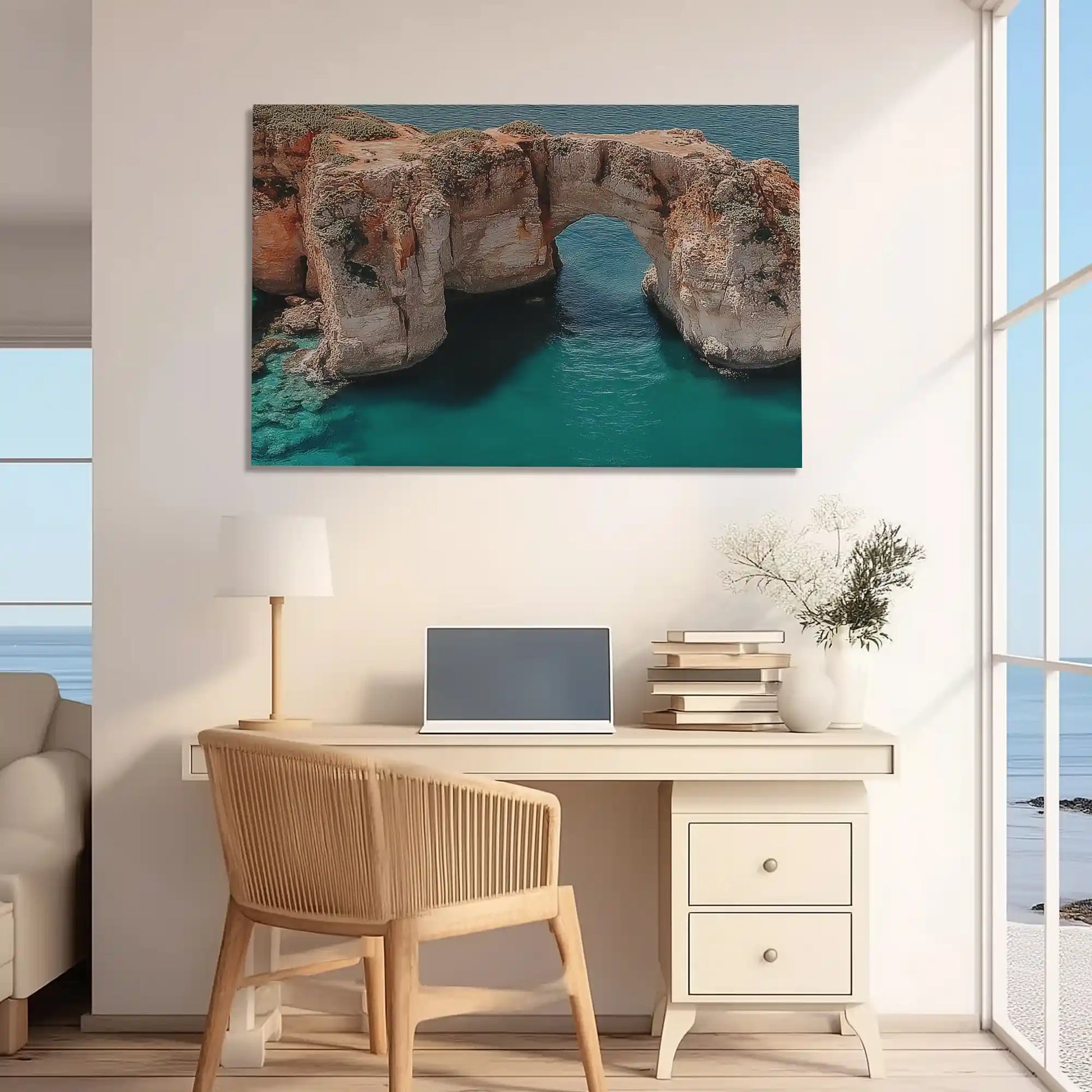 Rustic ocean arch canvas print with earthy rock tones and vivid turquoise sea waters