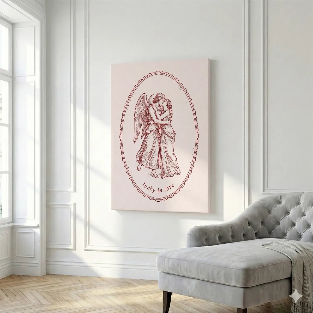 Monochrome canvas wall decor with a nostalgic mood, depicting a winged and a robed figure in a tender pose beneath 'lucky in love'.