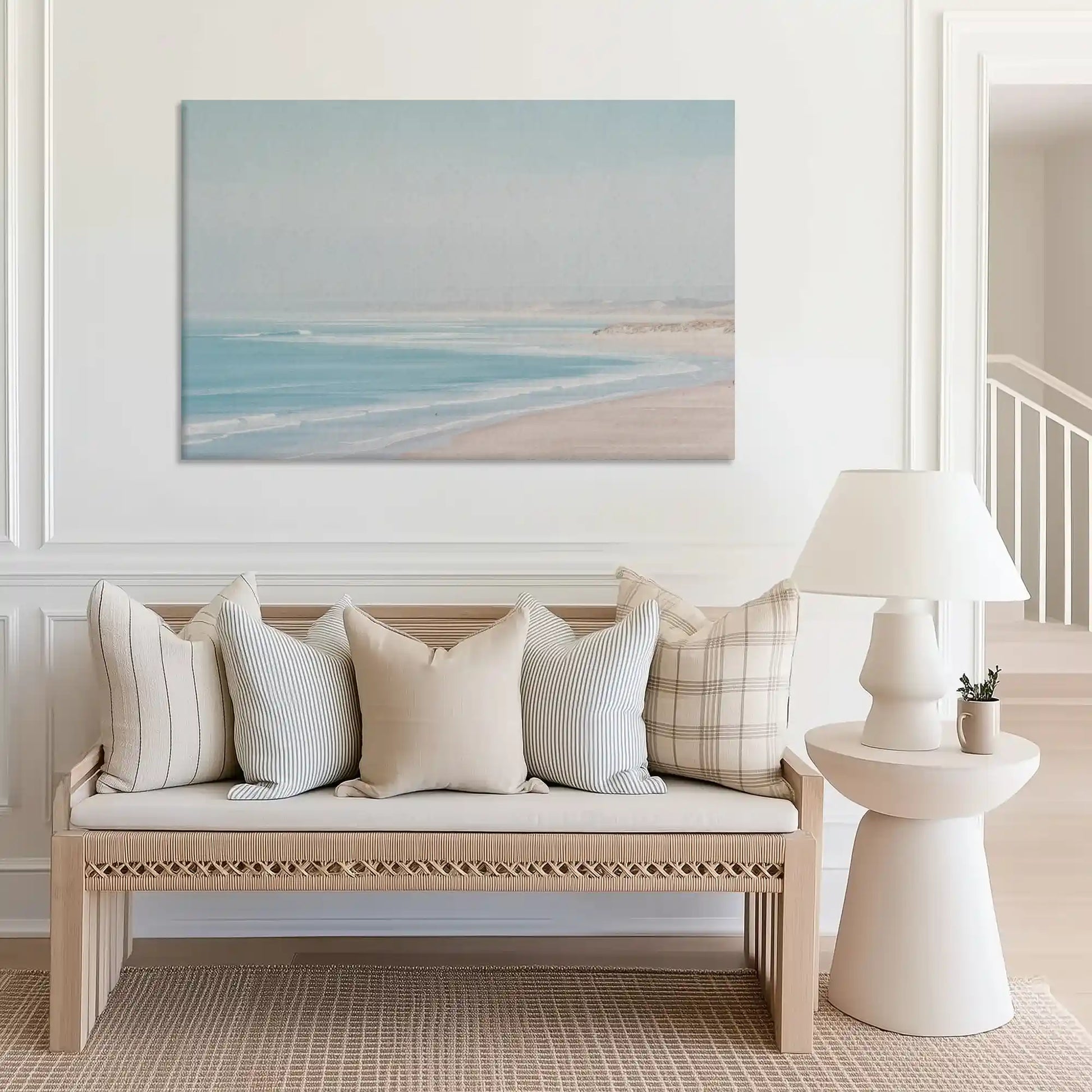 Large ocean view canvas print perfect for above sofa placement in bright spaces