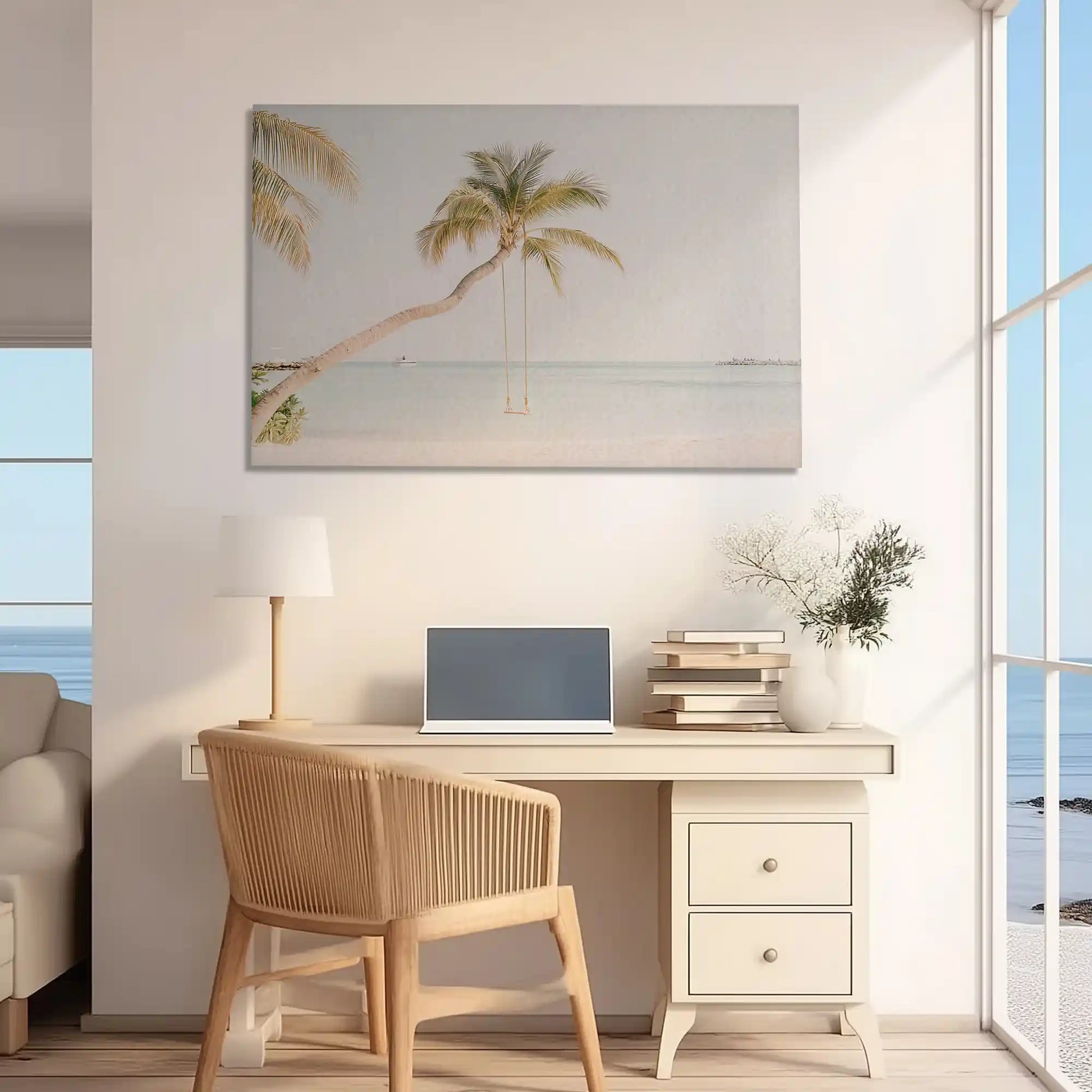 Oversized tropical beach canvas print styled as calming wall decor for homes
