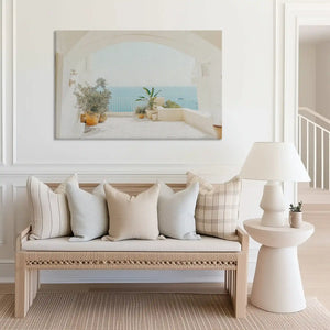 Large coastal terrace canvas print perfect for above sofa placement in bright rooms