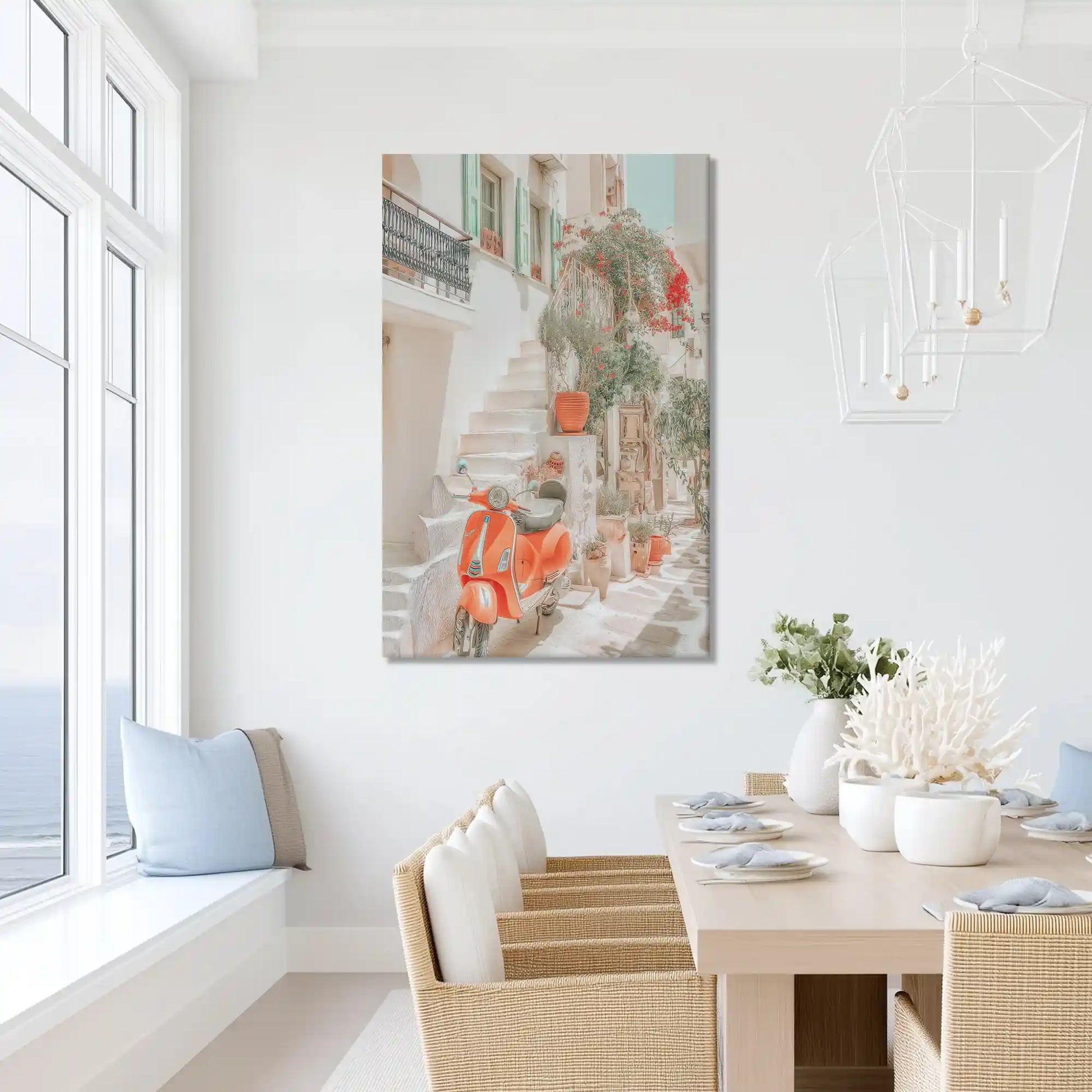 Peaceful European village painting with floral accents, ideal for modern dining room spaces