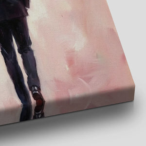 Painterly canvas print showing a tender couple walking together beneath a floating heart of red petals on a muted abstract backdrop