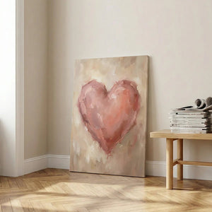 Abstract canvas wall decor with a painterly pink heart set against a light brown and cream-toned background.