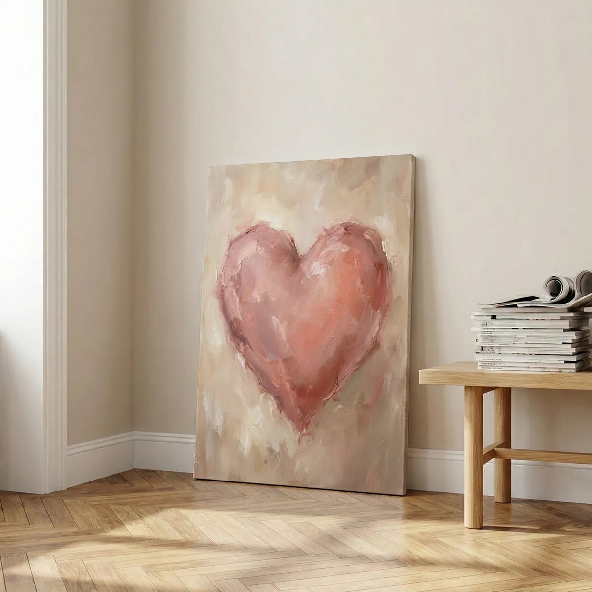 Abstract canvas wall decor with a painterly pink heart set against a light brown and cream-toned background.