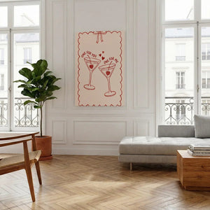 Gallery wrapped canvas showing flat illustrated drinks with heart cherries and the phrases 'ONE FOR YOU, ONE FOR ME' above each.
