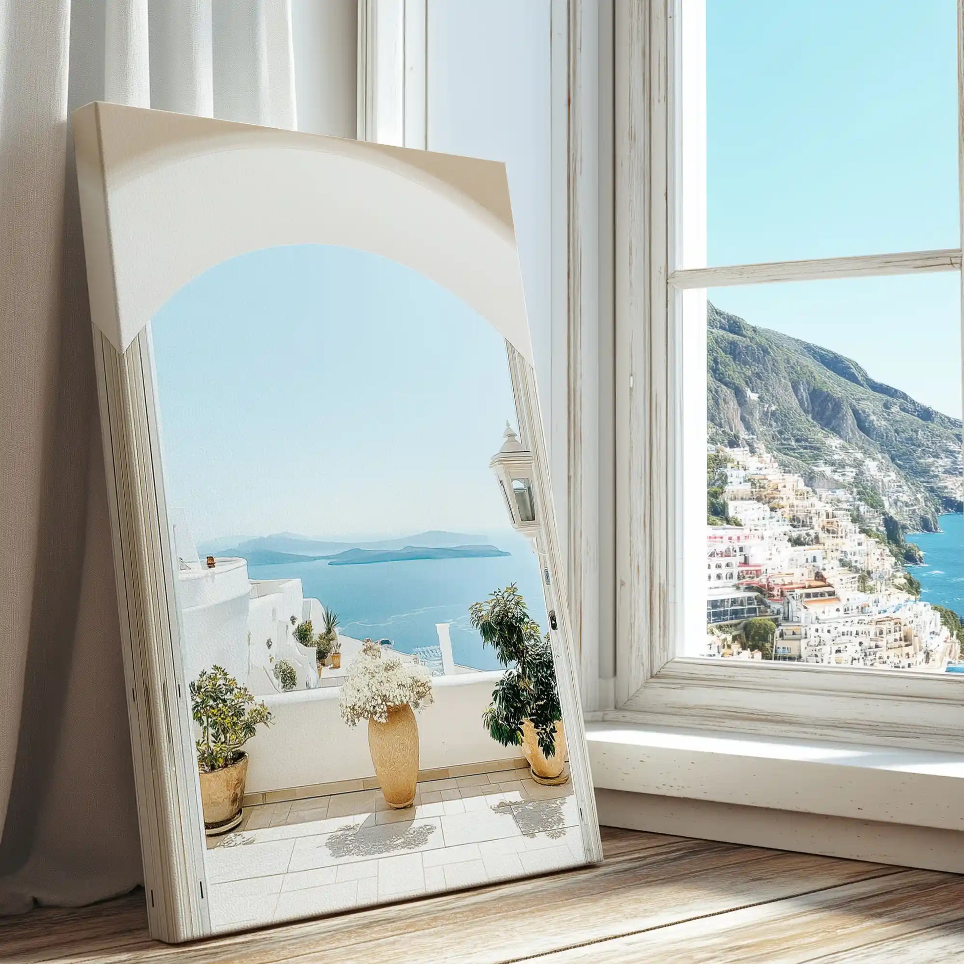 Ocean view through stone arch captured in a coastal canvas print with minimalist style