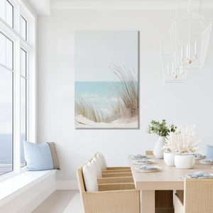 Serene shoreline painting with dune grass, ideal for relaxed dining room and beach homes