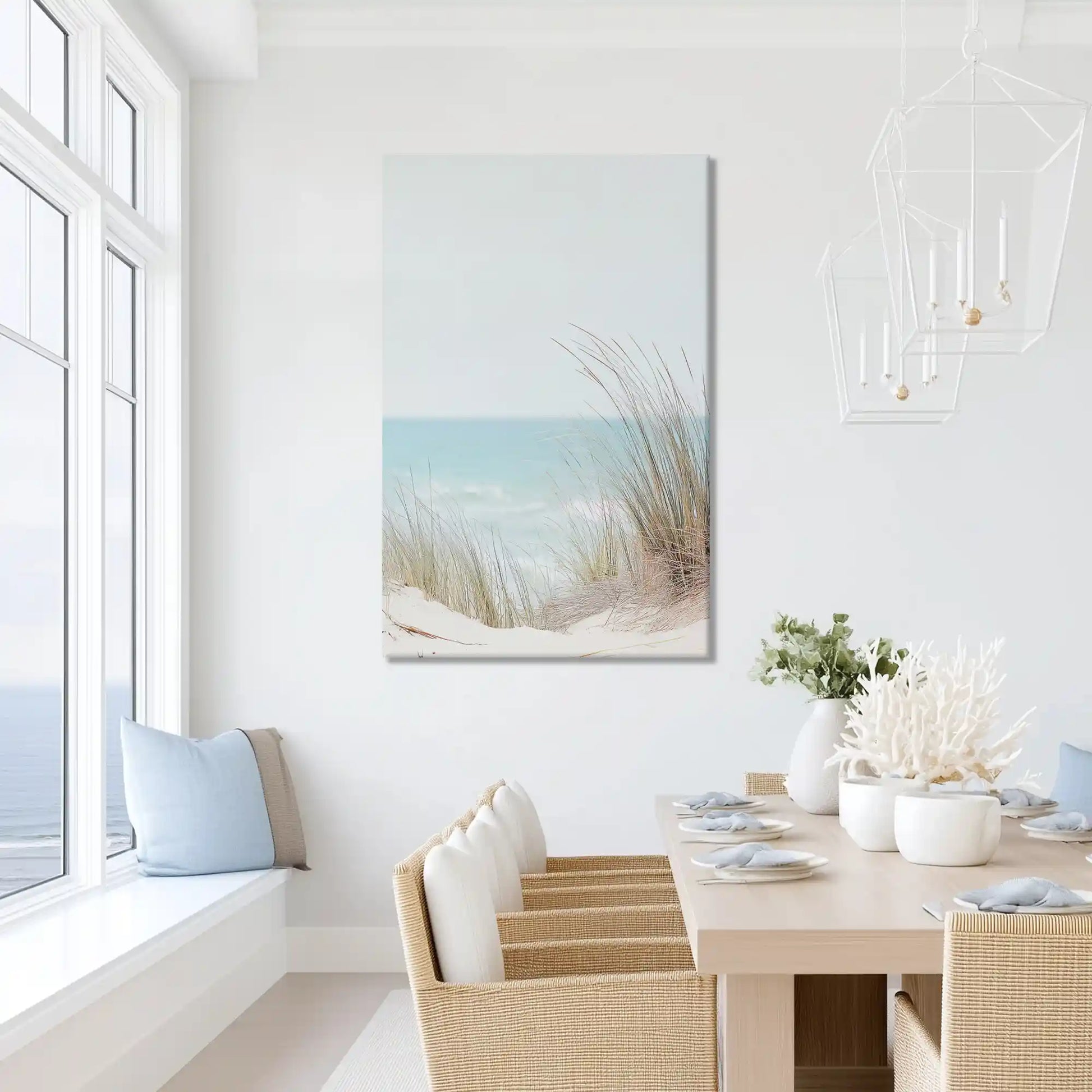 Serene shoreline painting with dune grass, ideal for relaxed dining room and beach homes