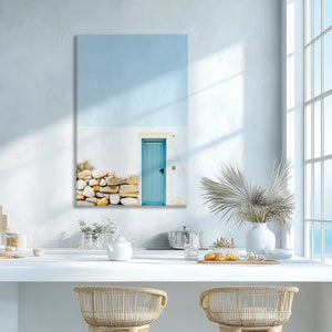 Blue door and stone detail canvas print adding rustic elegance to modern coastal wall decor