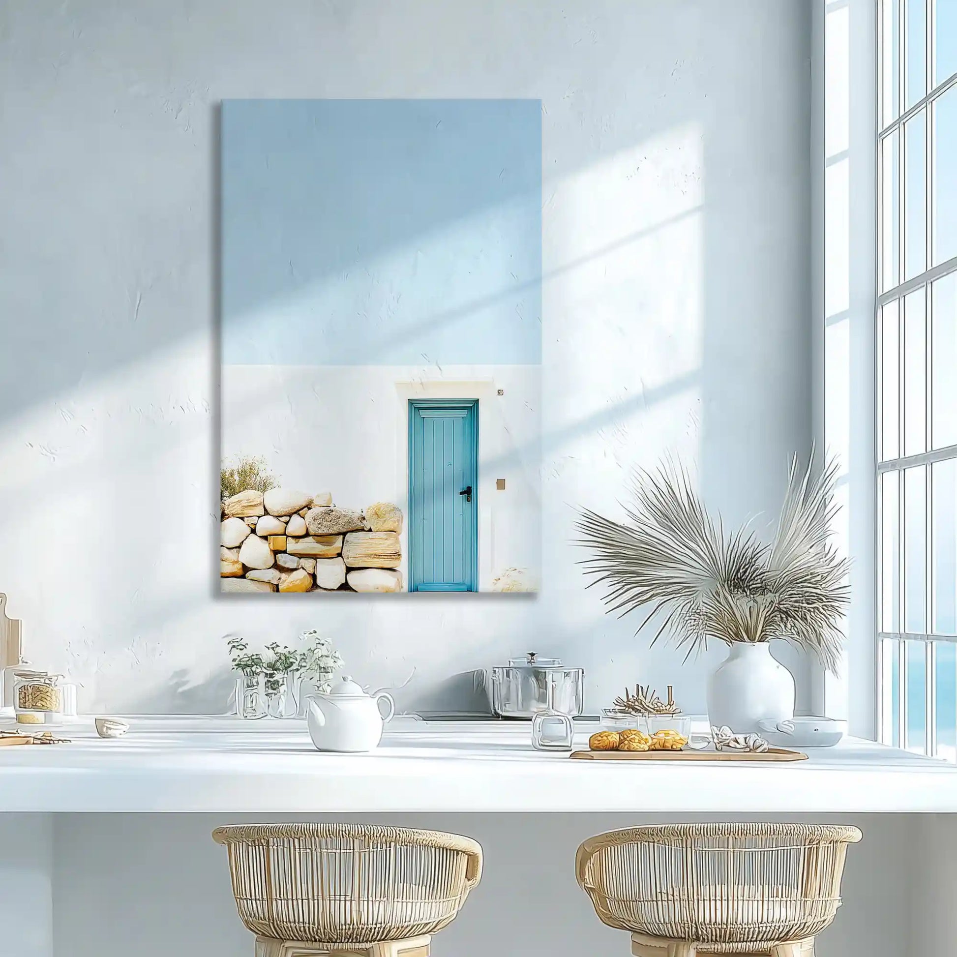 Blue door and stone detail canvas print adding rustic elegance to modern coastal wall decor