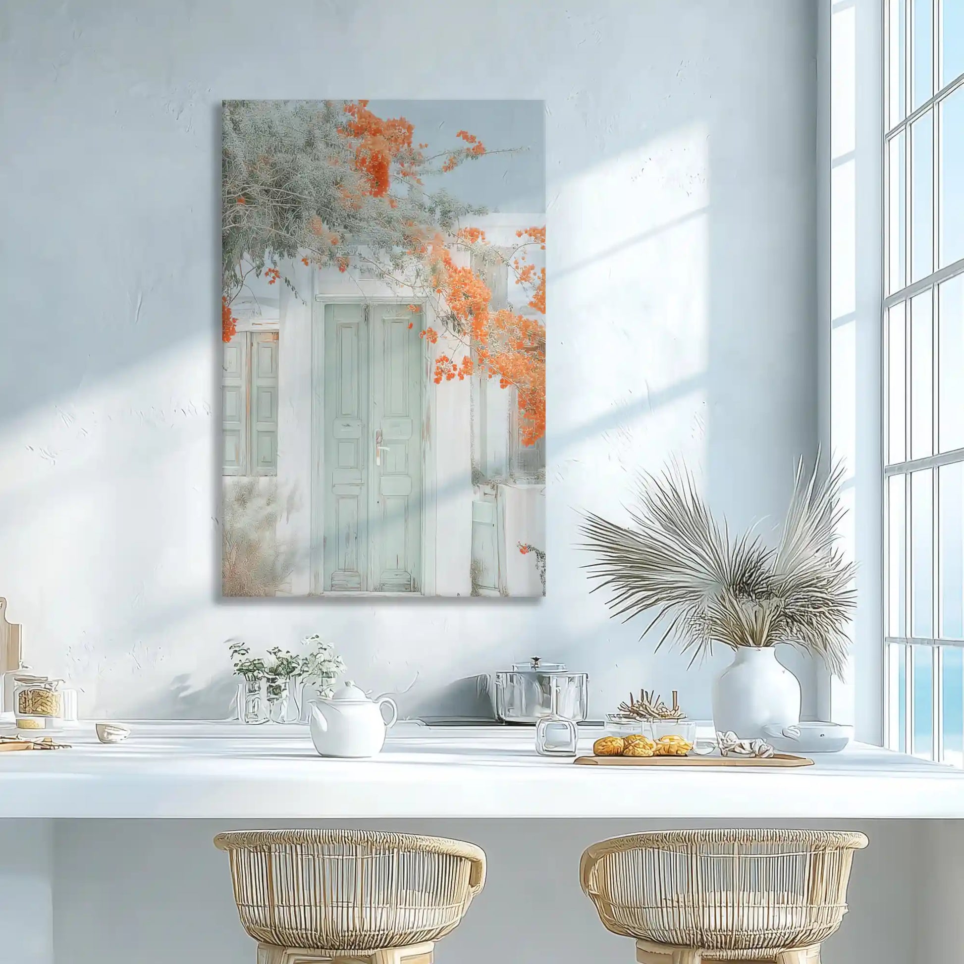 Mediterranean wall decor with blossoms enhancing dining room elegance