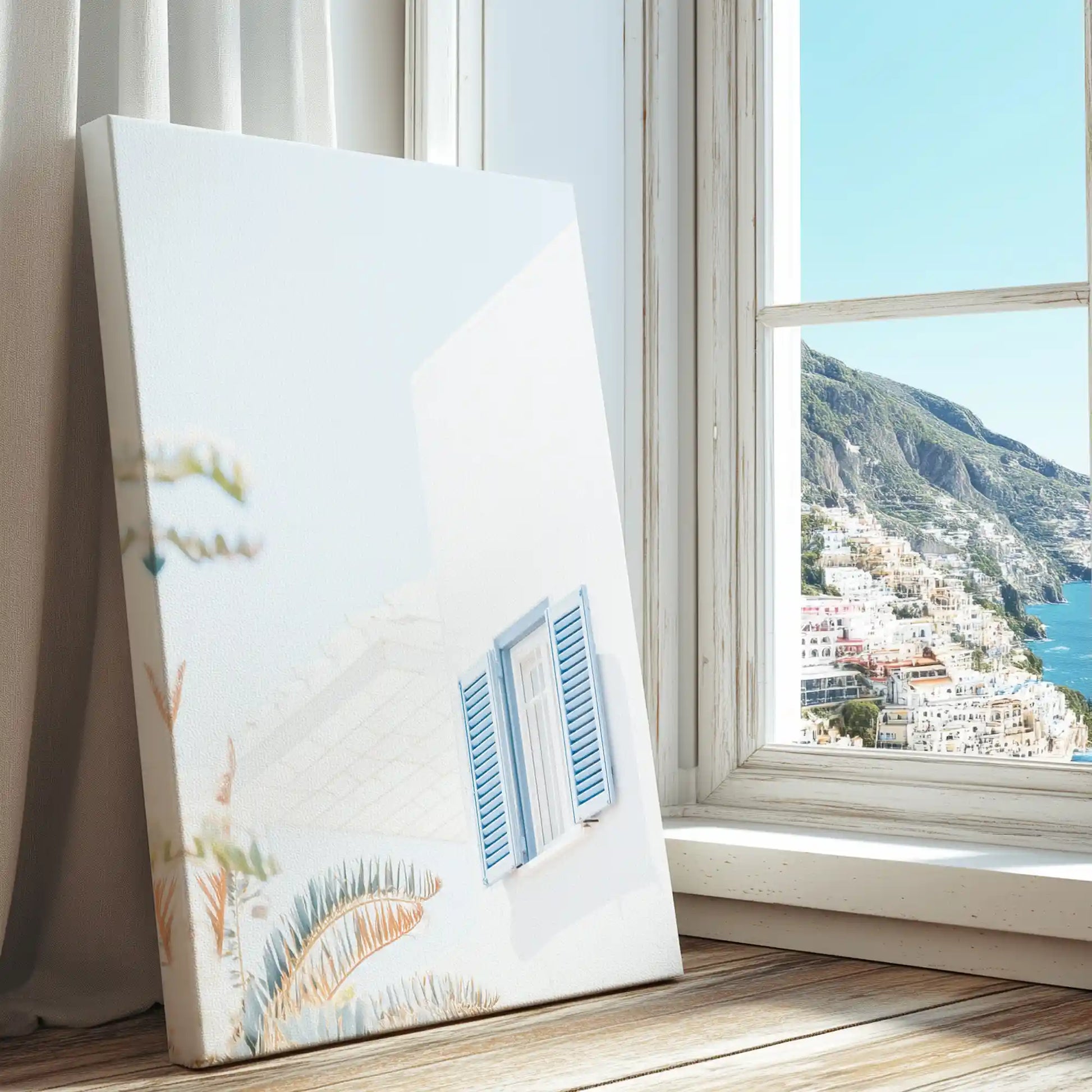 Blue shutters on whitewashed wall captured in a coastal canvas print with minimalist style