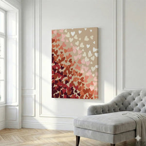 Fine art canvas with clean-edged heart illustrations in maroon, pink, and white on a beige-toned background