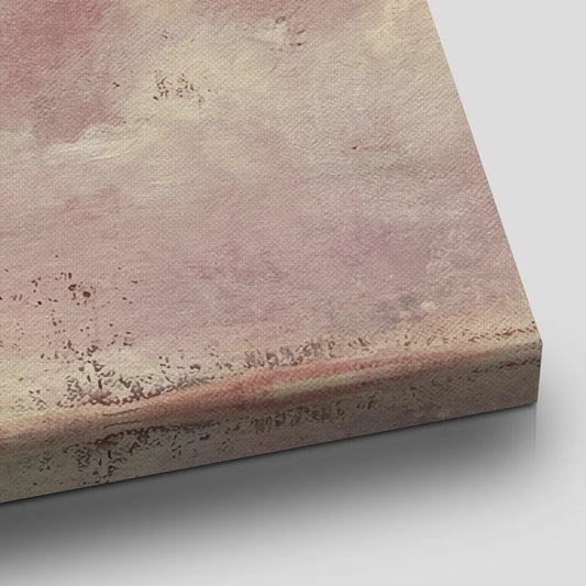 Romantic canvas wall art with mirrored white doves holding a red heart on a muted pink sky backdrop, ideal for bedroom decor.