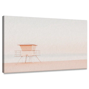 Minimalist lifeguard tower canvas wall art with soft pastel tones for living room décor