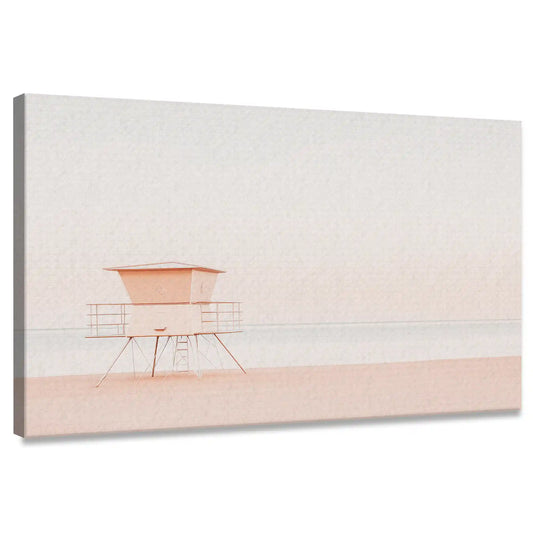Minimalist lifeguard tower canvas wall art with soft pastel tones for living room décor