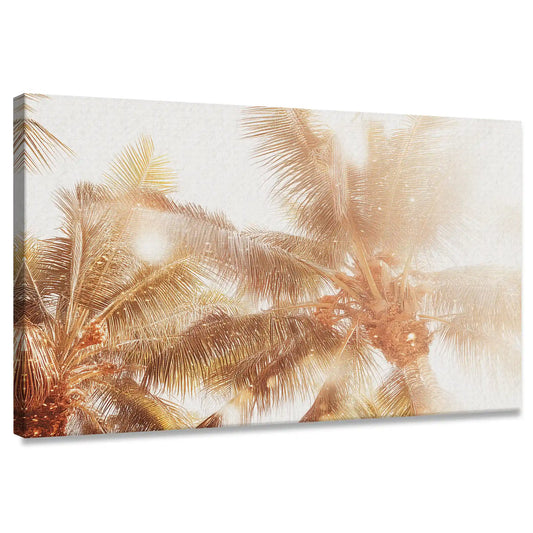 Tropical palm tree canvas wall art with warm sunlight for living room décor