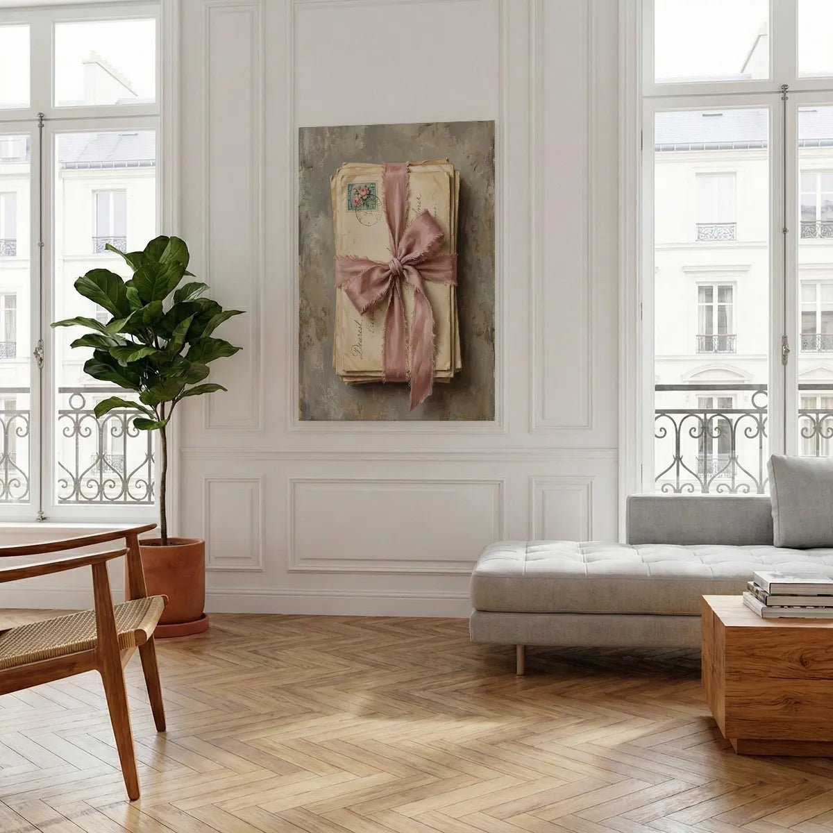 Decorative canvas print of vintage correspondence tied with ribbon, rendered in a warm, muted color palette.