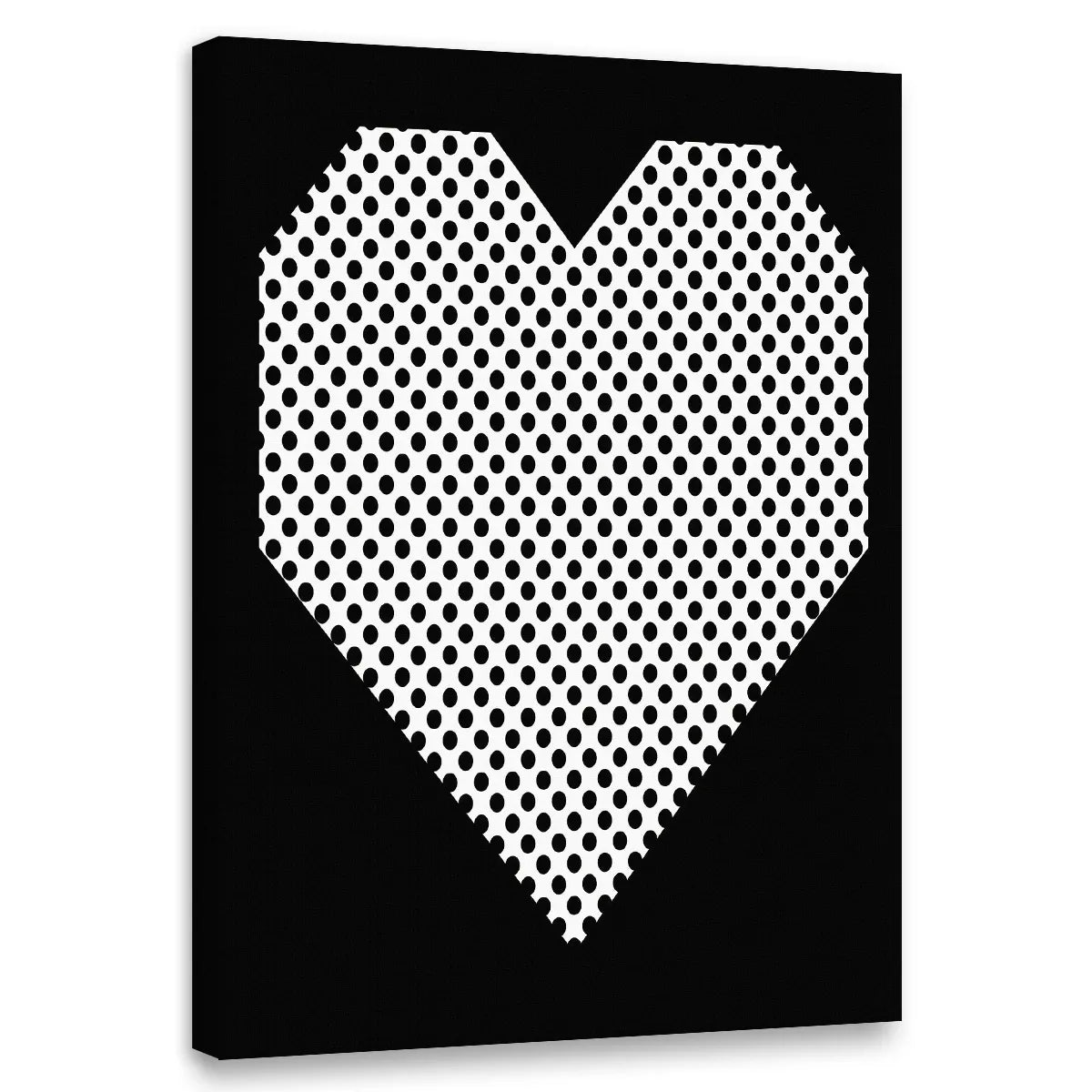 Canvas wall art featuring a bold geometric heart filled with black polka dots on a white field, centered on a solid black background