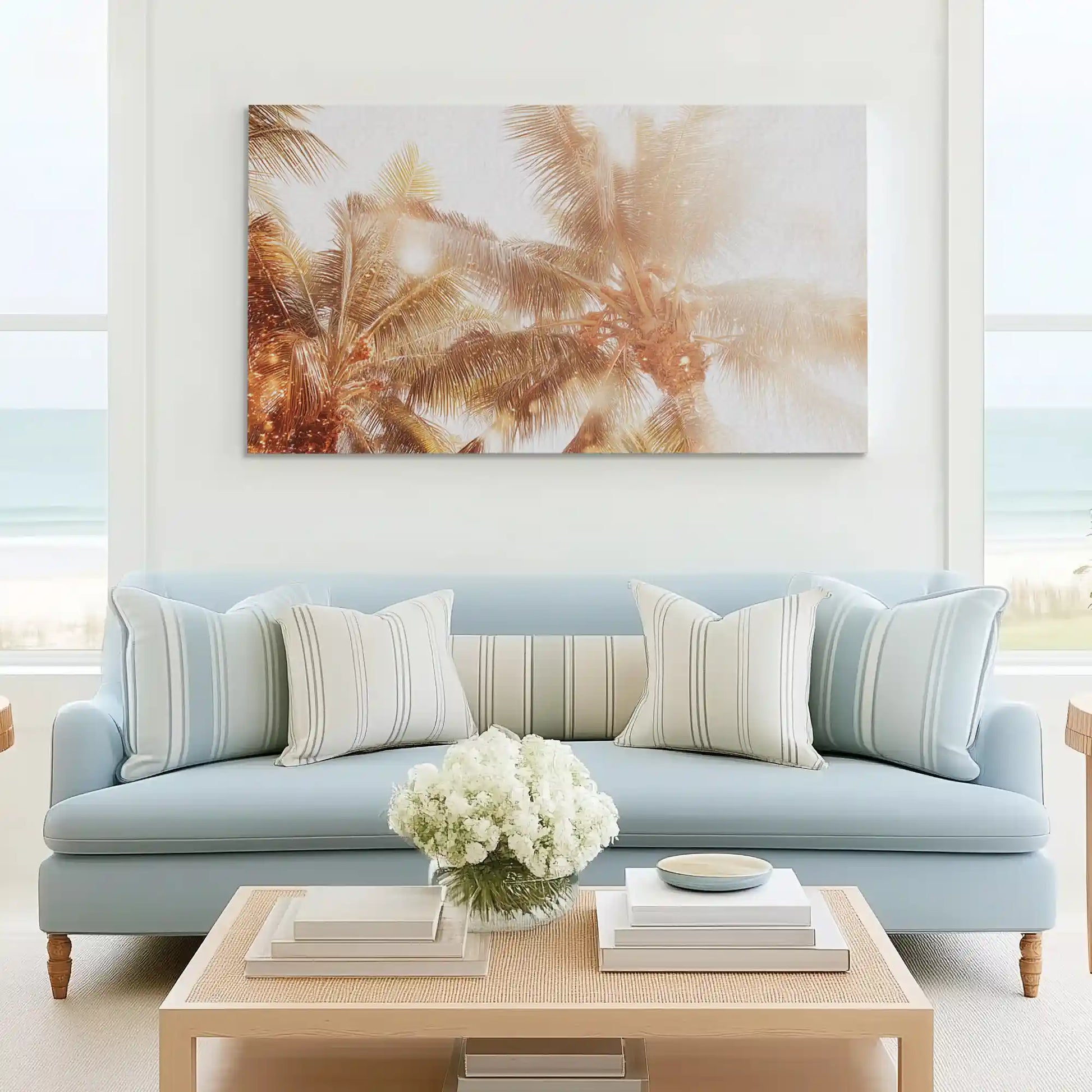 Warm tropical canvas wall art complementing bohemian and coastal-inspired décor