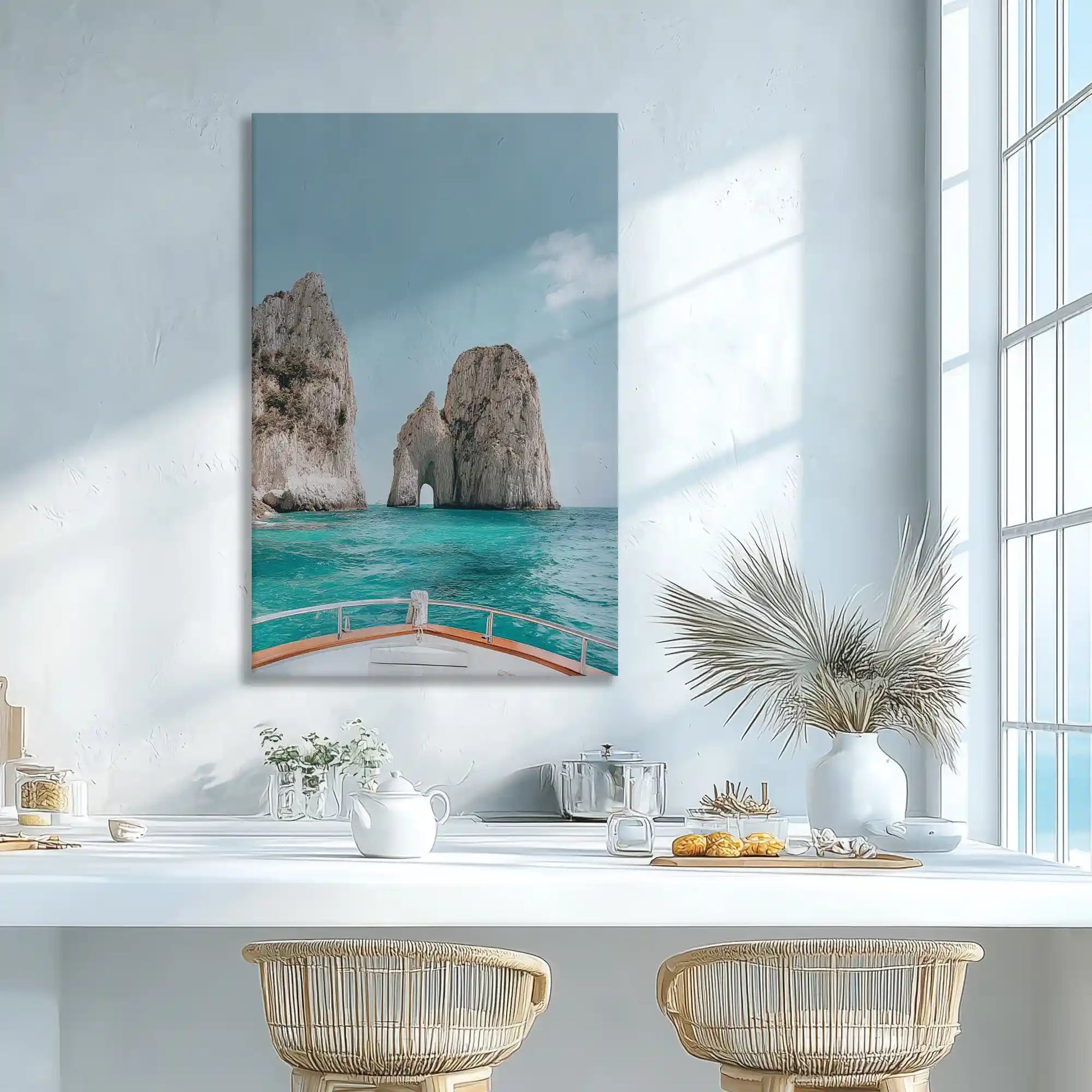 Turquoise sea view wall decor enhancing dining room elegance