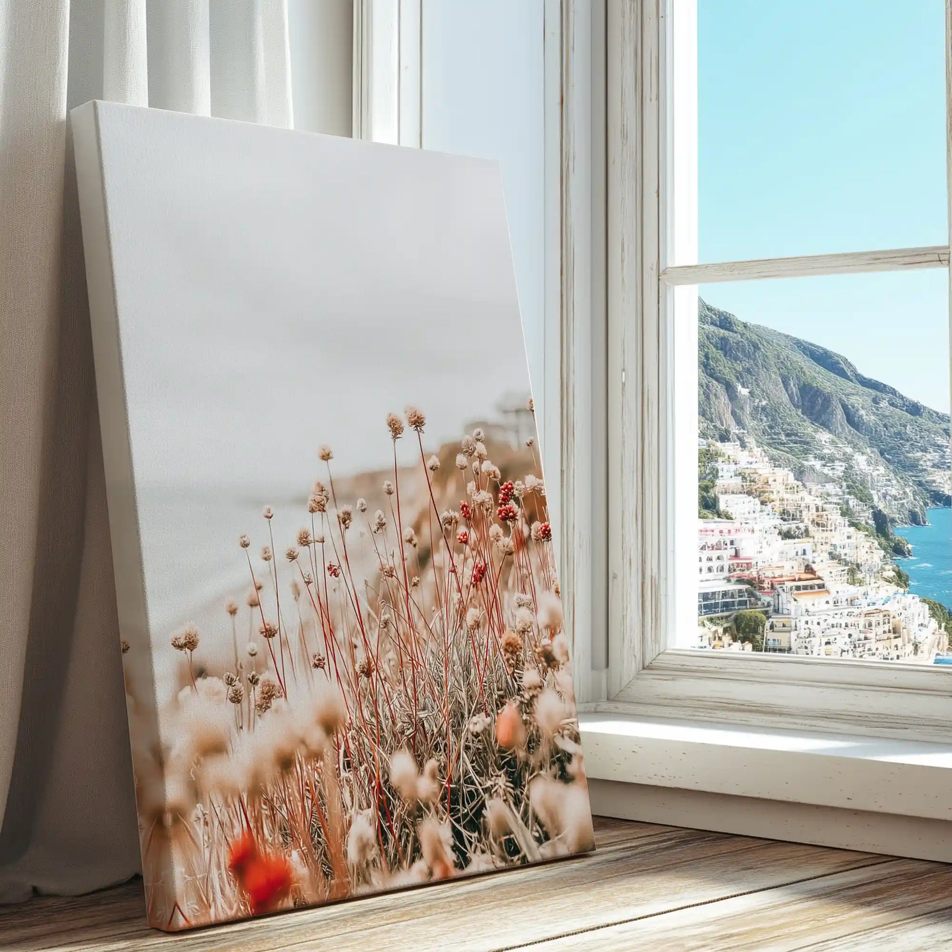 Blooming coastal wildflowers captured in canvas print with rustic charm