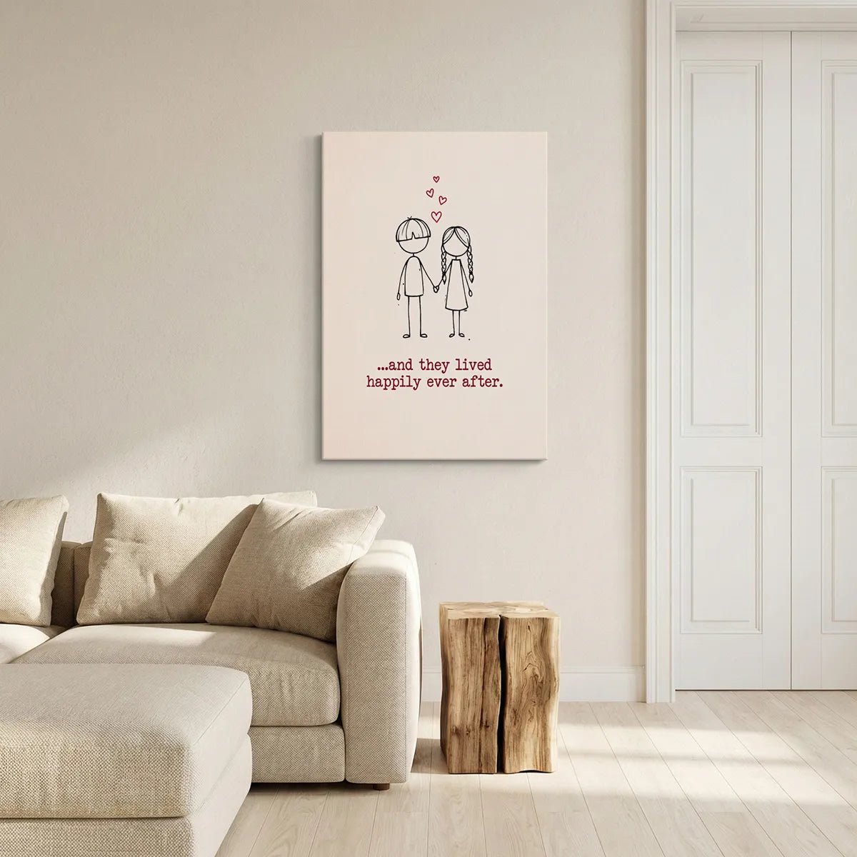 Cute stick figure couple with red hearts on a canvas wall art, styled with thin hand-drawn lines and romantic text.