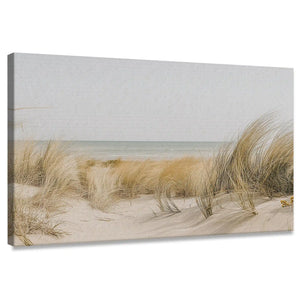 Minimalist coastal dune grass canvas wall art for living room with soft sandy tones