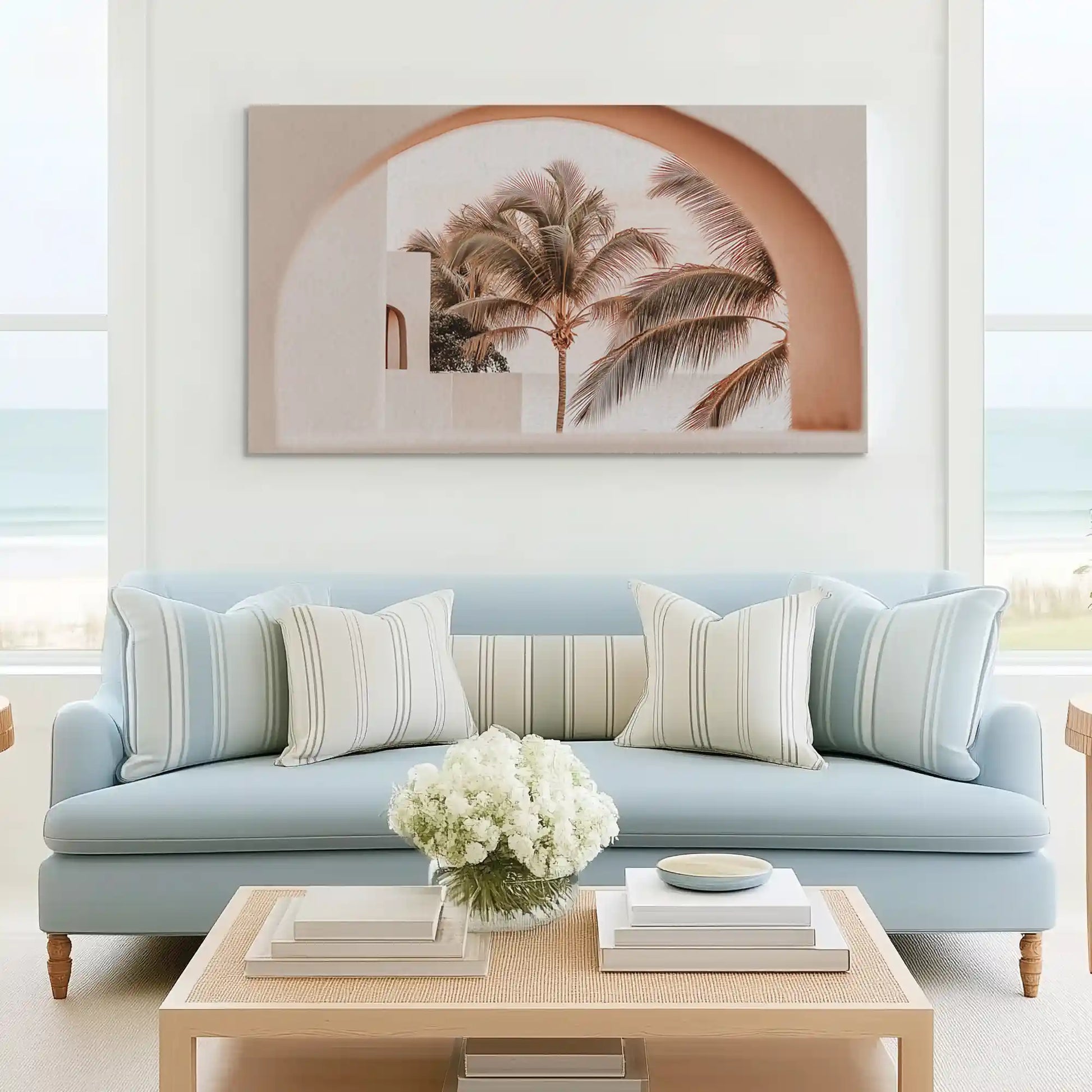 Neutral palm tree canvas wall art complementing bohemian and coastal-inspired décor