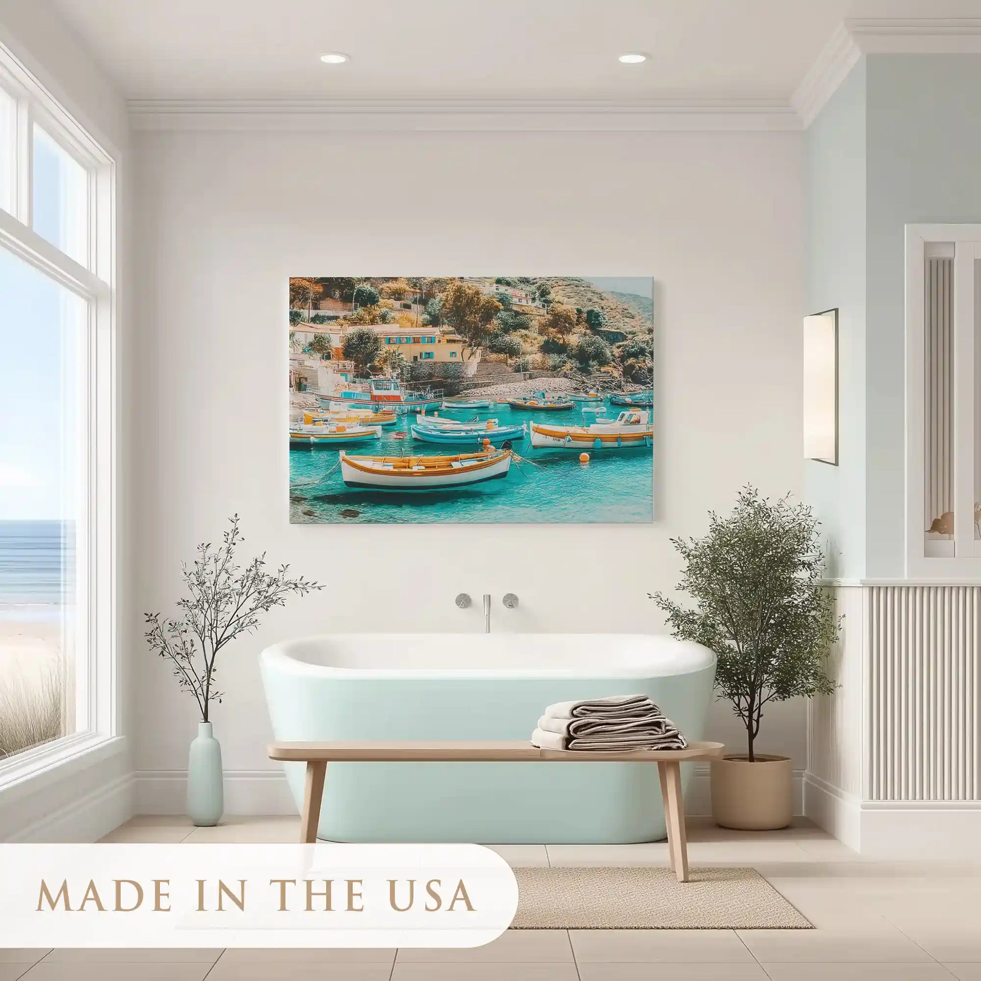 Tranquil fishing village painting adding coastal charm to modern interiors