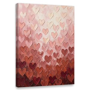 Abstract canvas wall art featuring layered heart shapes in warm pink and red tones arranged in a vertical gradient pattern