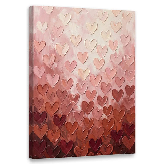 Abstract canvas wall art featuring layered heart shapes in warm pink and red tones arranged in a vertical gradient pattern