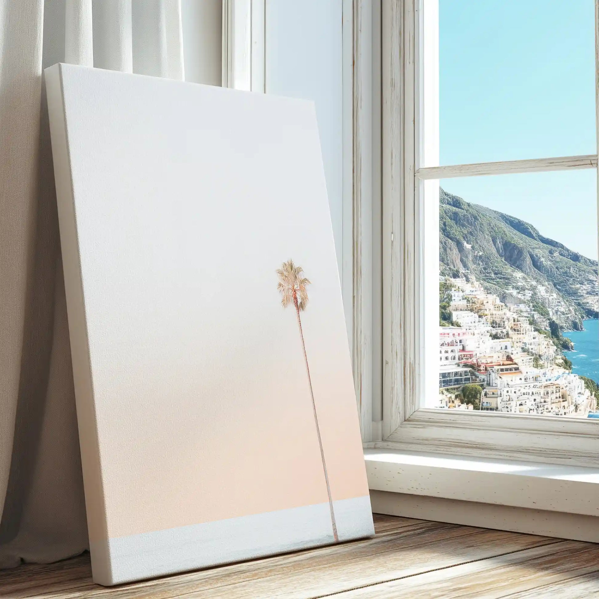 Single tall palm captured in a minimalist canvas print with soft gradient tones
