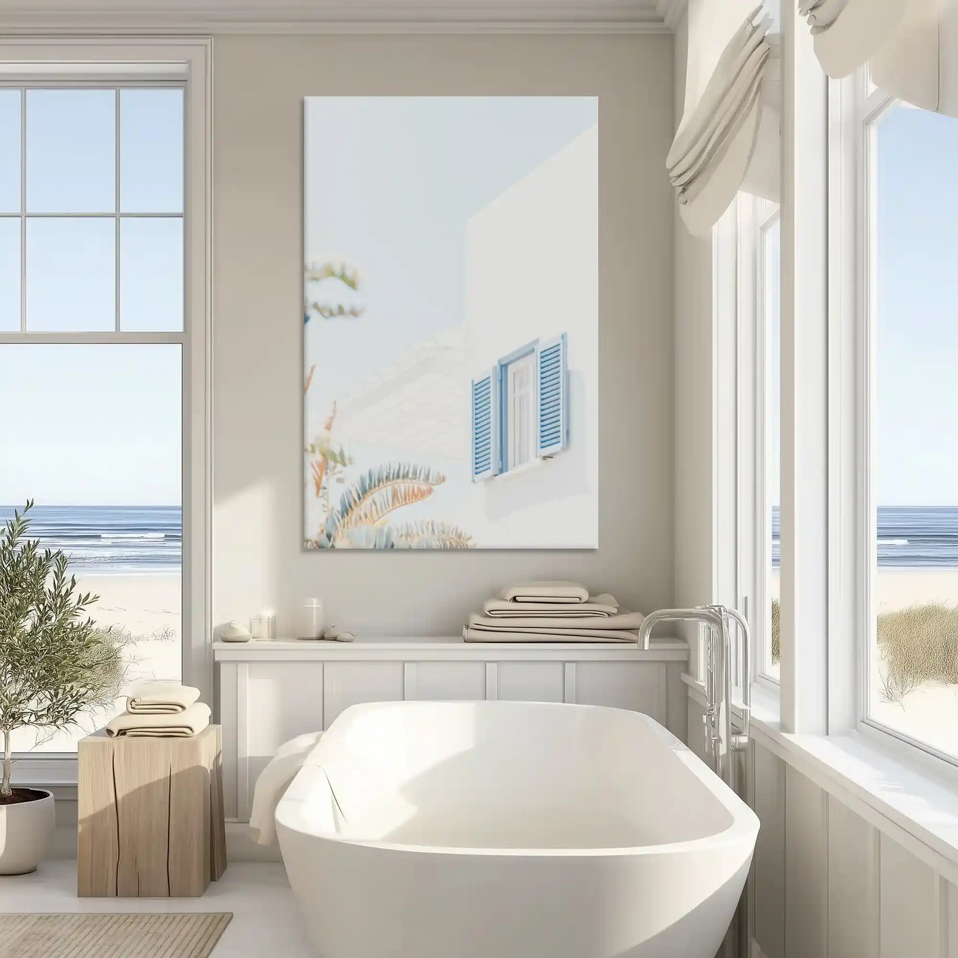 Neutral coastal village canvas art enhancing modern wall decor with soft pastel elegance