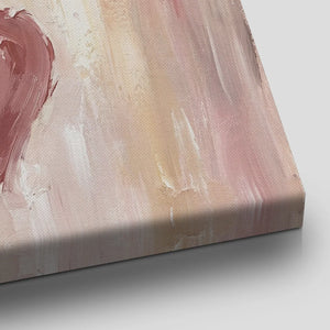 Vertical canvas art featuring a centered floral composition and heart motif in a soft, romantic color palette