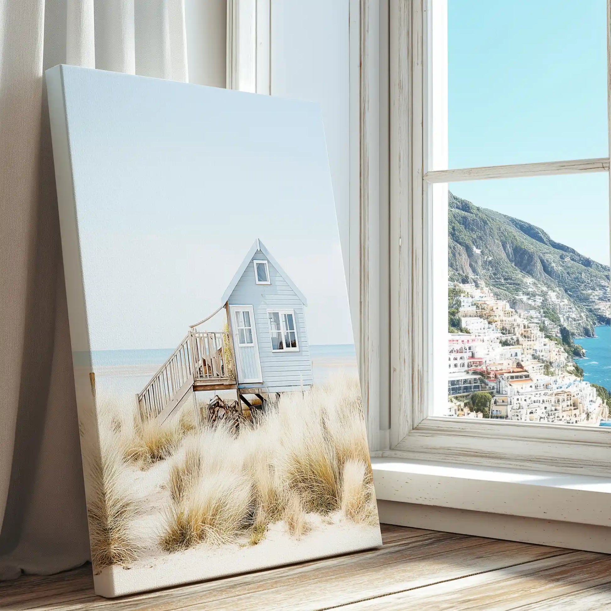 Beach house by the dunes captured in a canvas print with modern style