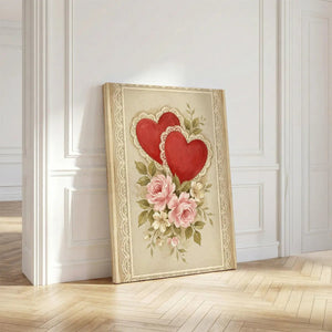 Vertical canvas art displaying a centered arrangement of hearts and roses with soft linework and a vintage-inspired aesthetic.