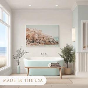 Tranquil rocky shoreline painting adding rustic charm to contemporary spaces