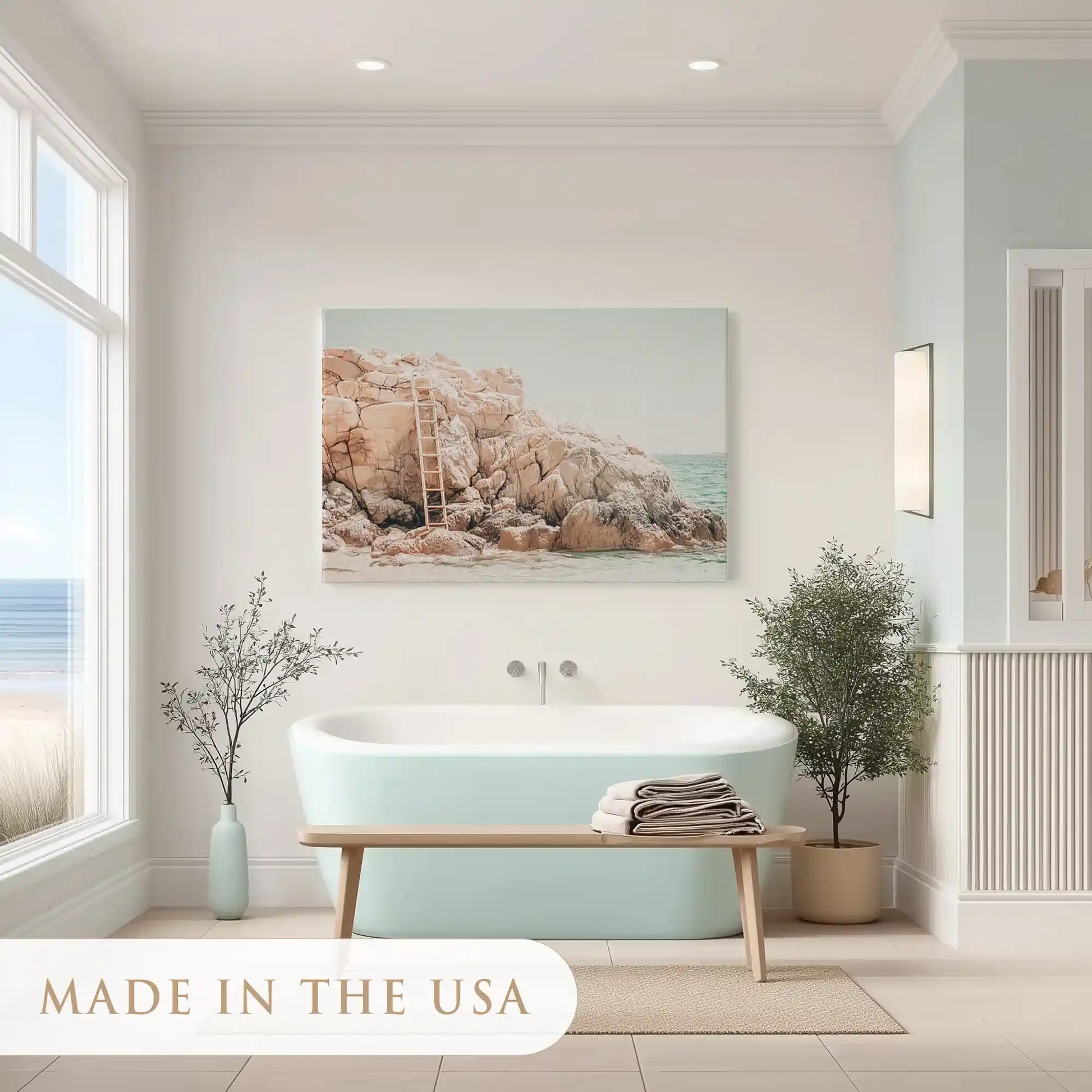 Tranquil rocky shoreline painting adding rustic charm to contemporary spaces