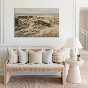 Large sandy trail canvas print perfect for above sofa placement in bright spaces