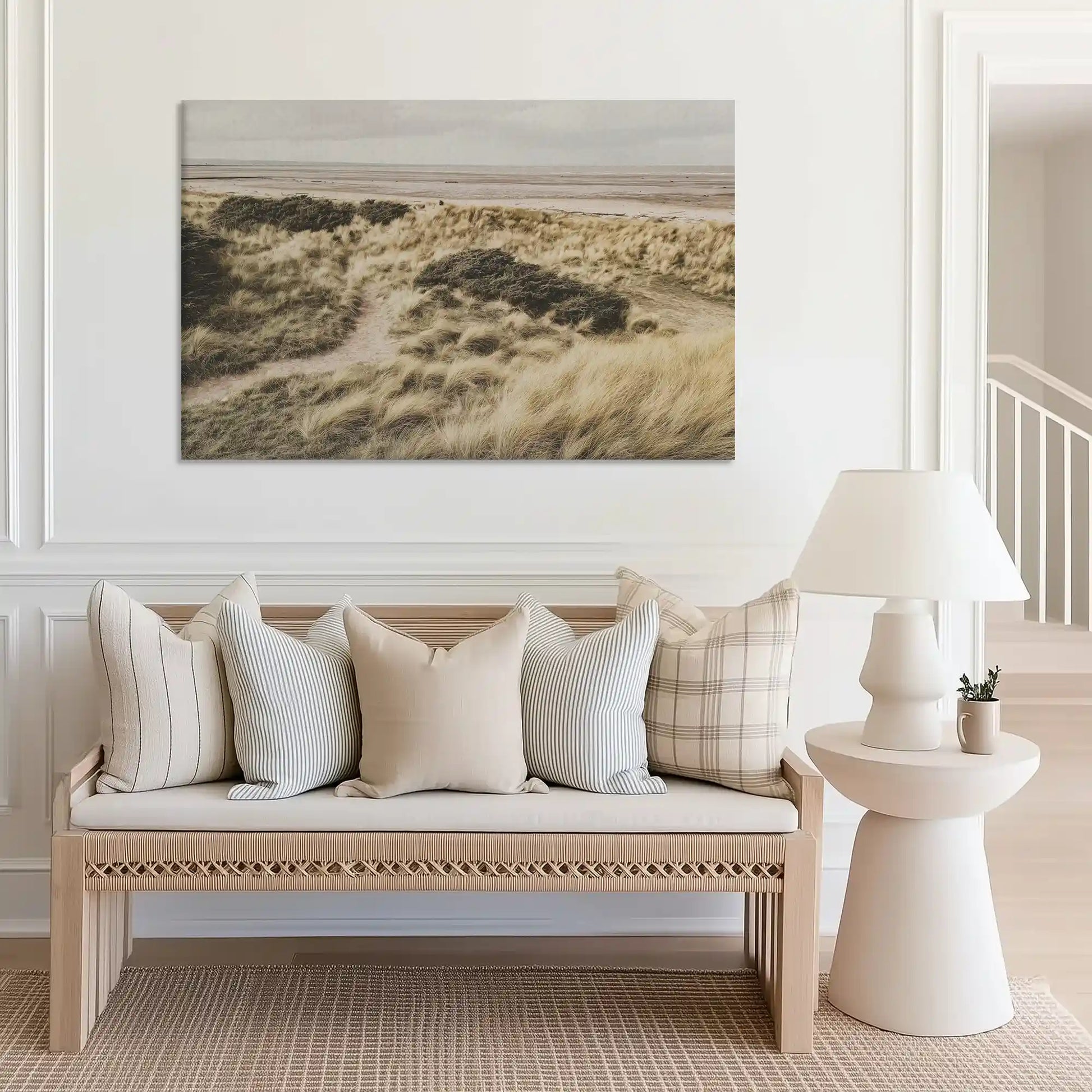 Large sandy trail canvas print perfect for above sofa placement in bright spaces