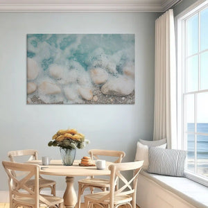 Ocean foam and sand canvas art enhancing serene bedroom wall design