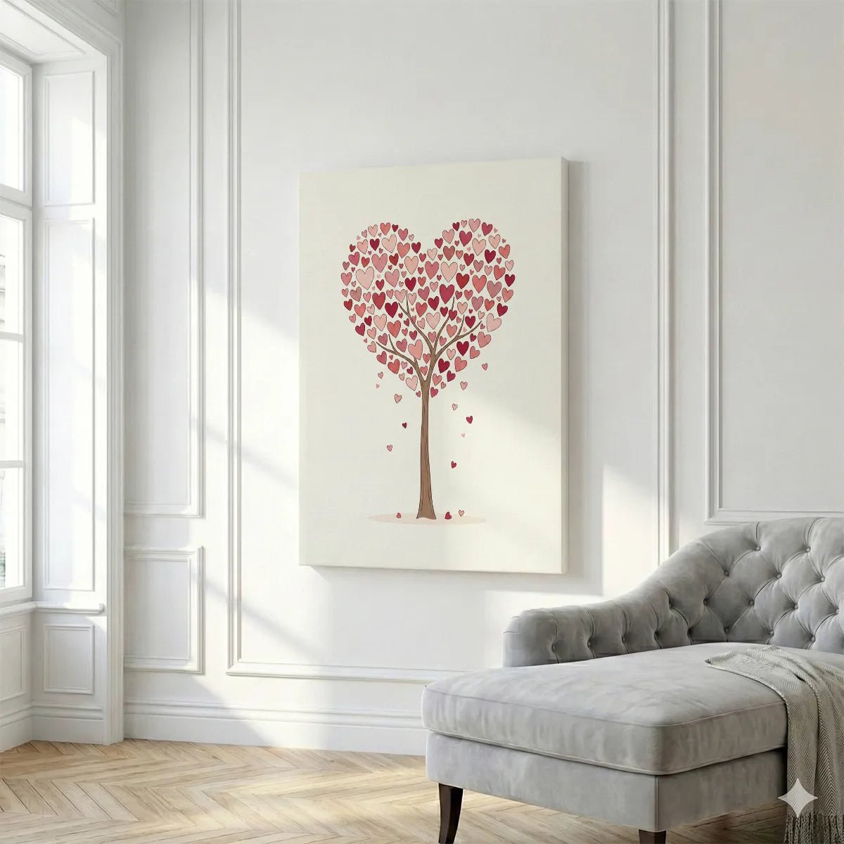 Romantic canvas wall decor depicting a stylized tree with heart leaves arranged into a large heart, set against a light backdrop.