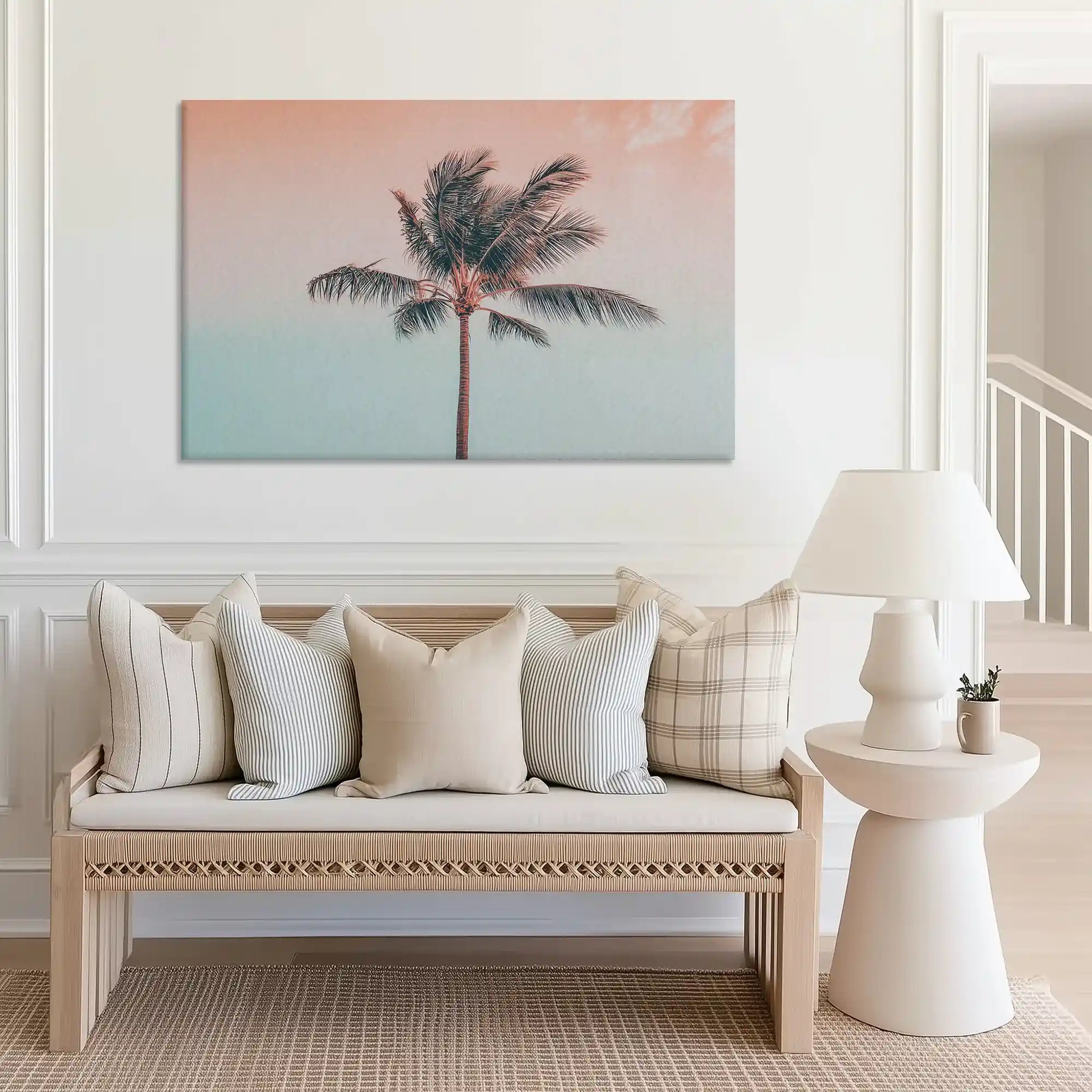 Large pastel palm tree canvas print perfect for above sofa placement in airy rooms