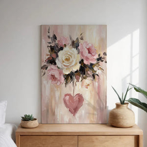 Decorative canvas print of a rose bouquet with a heart accent, painted in a textured, romantic style