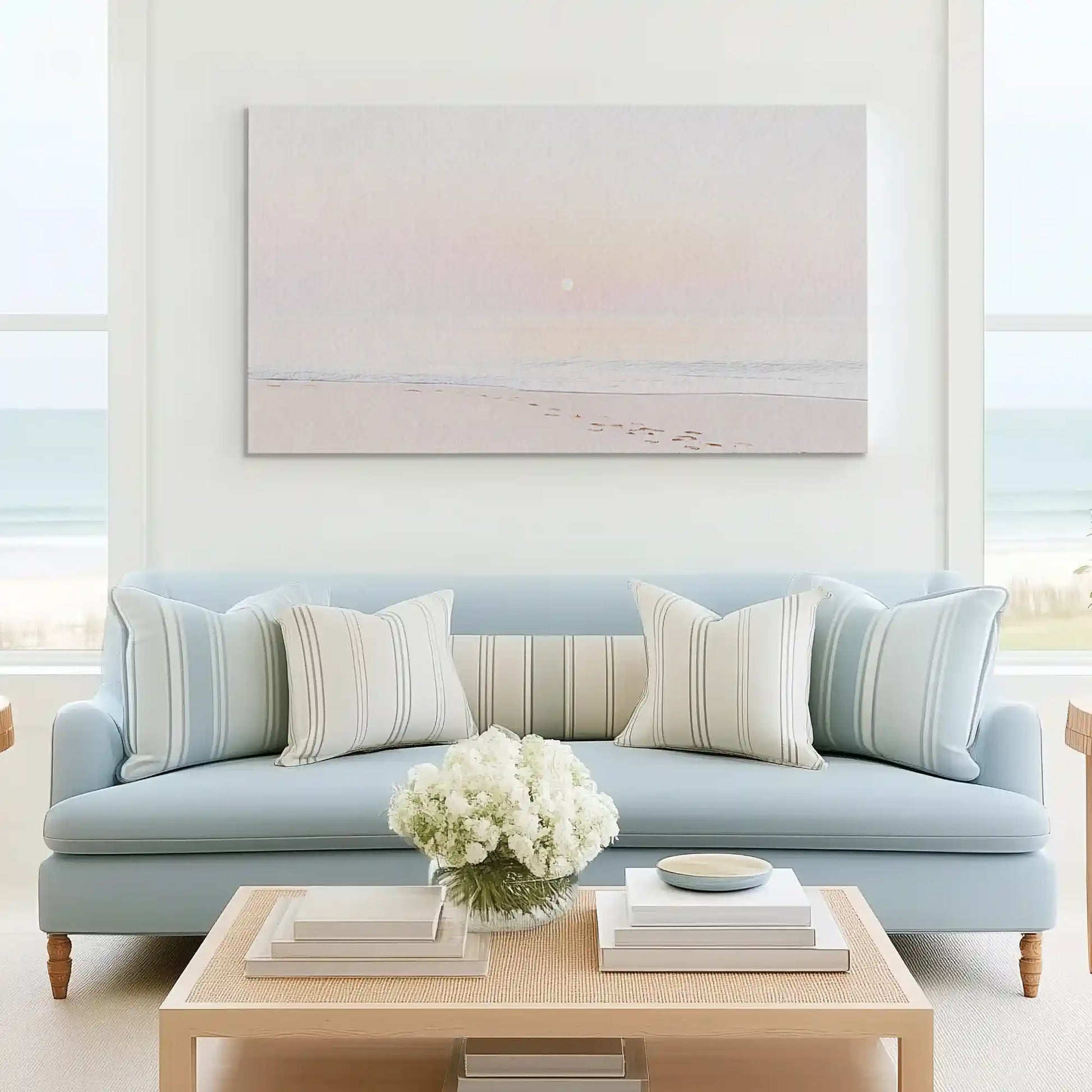 Tranquil pastel beach canvas wall art complementing Scandinavian-inspired décor