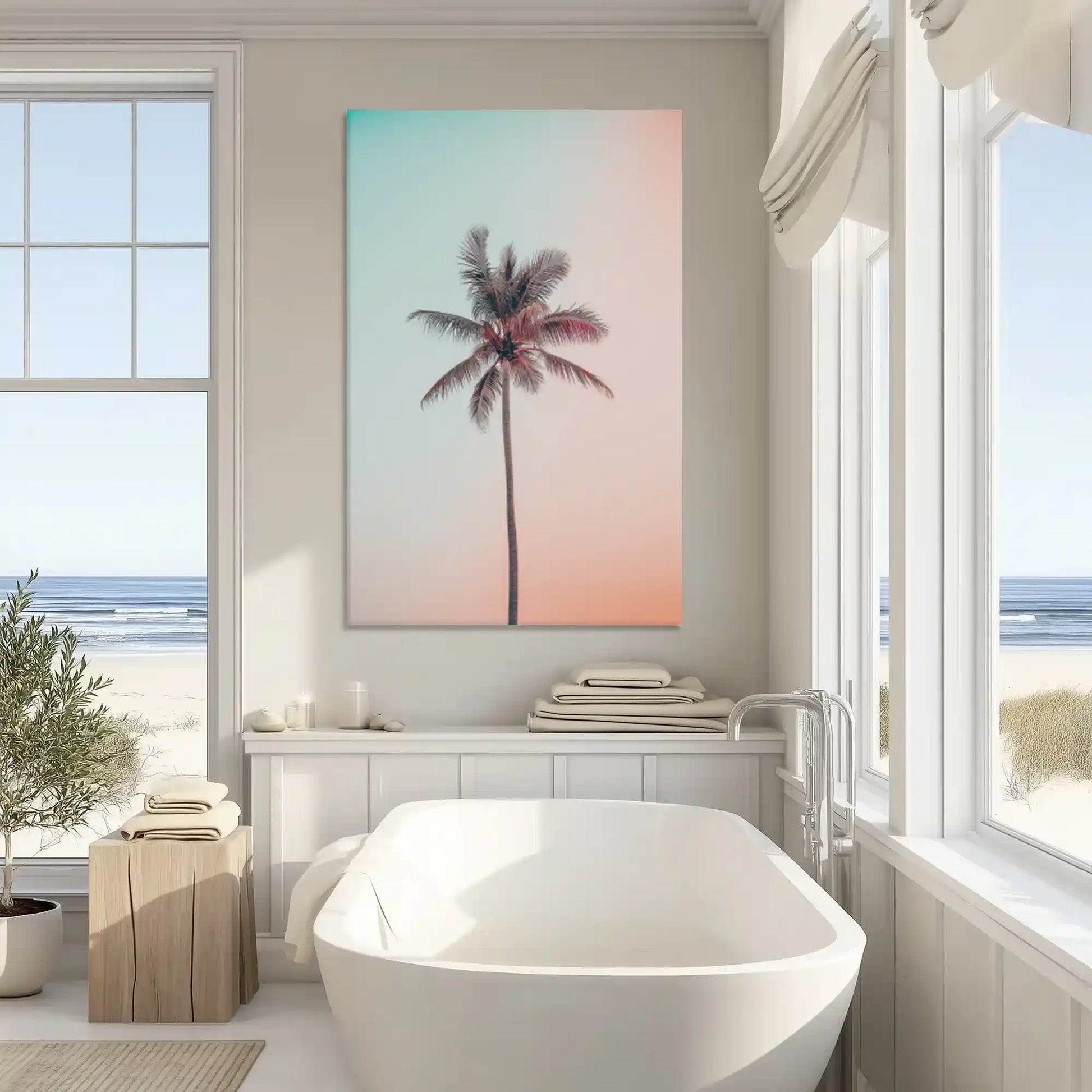 Neutral palm canvas art enhancing modern wall decor with simple coastal character